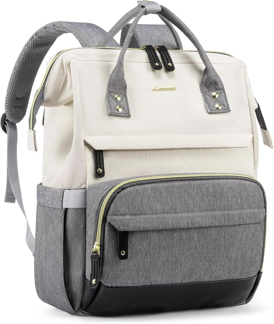 LOVEVOOK Laptop Backpack for Women, 15.6 Inch Work Business Backpacks Purse With Large Capacity, Waterproof Nurse Bag College Bookbag for School, Waterproof Casual Daypack for Travel (White-Grey-Black)