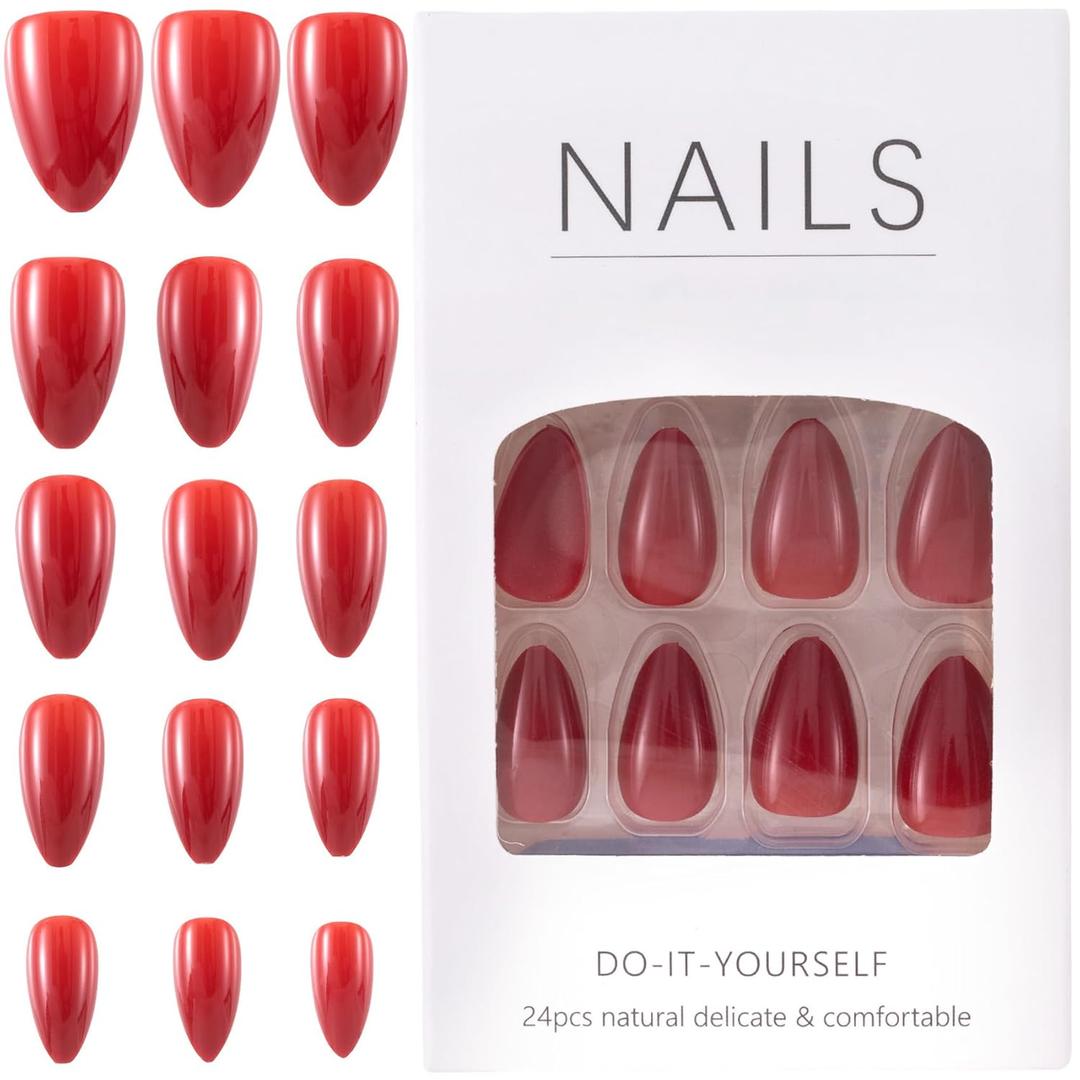 DC,CLISENCE 30 Pcs Red Press on Nails, Plastic Natural Reusable Press on Nails Red, Oval Press on Nail Almond for Women Daily Wear (15 Sizes)