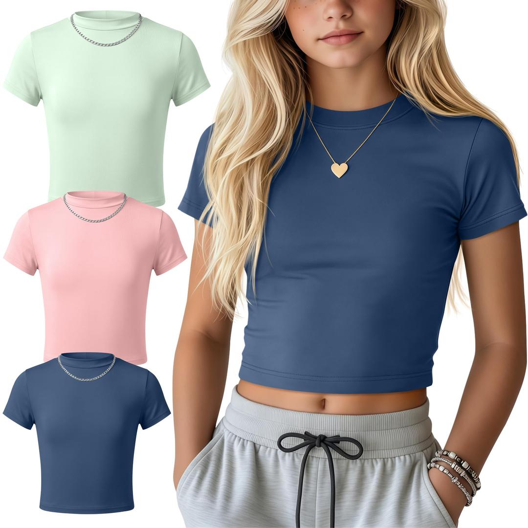 Oakgarden 3 Pack Girls Shirts Short Sleeve Tops for Kids Summer Crop Tops Clothes for Girls Mock Turtleneck Tees 5-16 Y(9-10 Years,Haze Blue, Light Pink, Green)