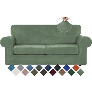 WEERRW Velvet Couch Covers for 2 Cushion Couch Sofa - High Stretch Velvet Plush 3 Pieces Sofa Slipcovers with Elastic Bottom, Furniture Protector for Pets, Machine Washable, Greyish Green, Medium