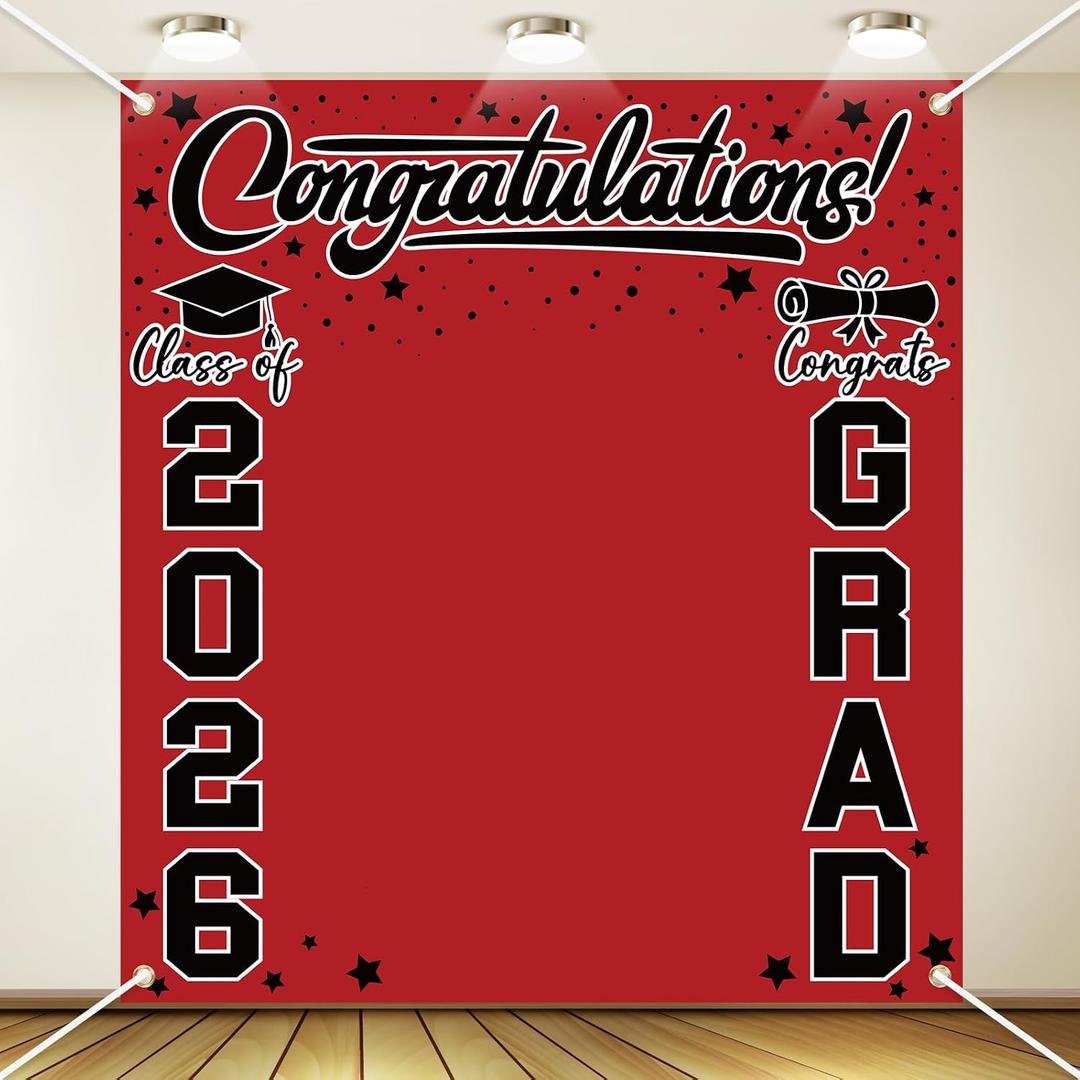 Frienda Large Class of 2026 Graduation Backdrop 6.6 x 7.2 ft Congrats Grad Graduation Party Decoration Photography Background for High School College Party Decor Supplies(Red Black)