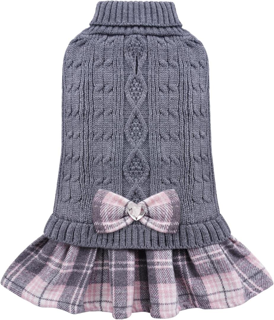 YUDODO Dog Sweater Dress for Small Dogs Girl with Bowtie Winter Warm Dog Turtleneck Sweater with Leash Hole Soft Puppy Knitwear Clothes Cute Doggie Dresses for Yorkie Chihuahua (Grey-Pink, M) (Medium (9-15 lbs))