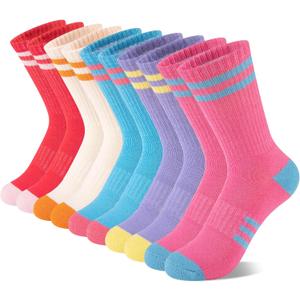 Comfoex 10 Pairs Girls Crew Long Athletic Socks for 4-6 6-8 8-10 Years Old Kids Calf Sports Cotton Socks Half Cushione, Medium, 12-5(age: 7-10)