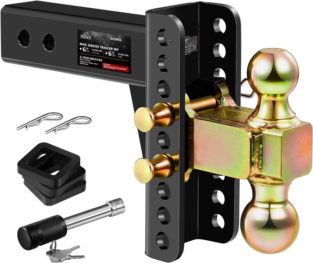 Adjustable Trailer Hitch, Fits 2.0-Inch Receiver, 6-Inch Drop/Rise,2"" & 2-5/16"" Ball Hitches for Trucks, 18,000 LBS GTW - Receiver Hitch with Anti-Theft Pin, Solid Ball Mount, BLK,X-452006