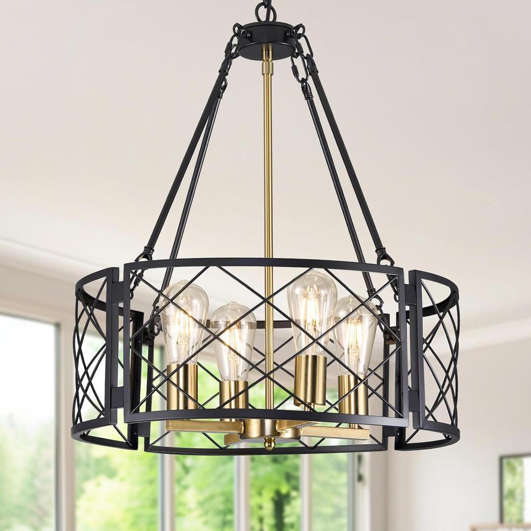 20'' Farmhouse Chandelier, 4-Light Black and Gold Dining Room Light Fixture Over Table, Rustic Industrial Drum Hanging Pendant Lights Fixture for Kitchen Island Living Room Bedroom Hallway Entryway