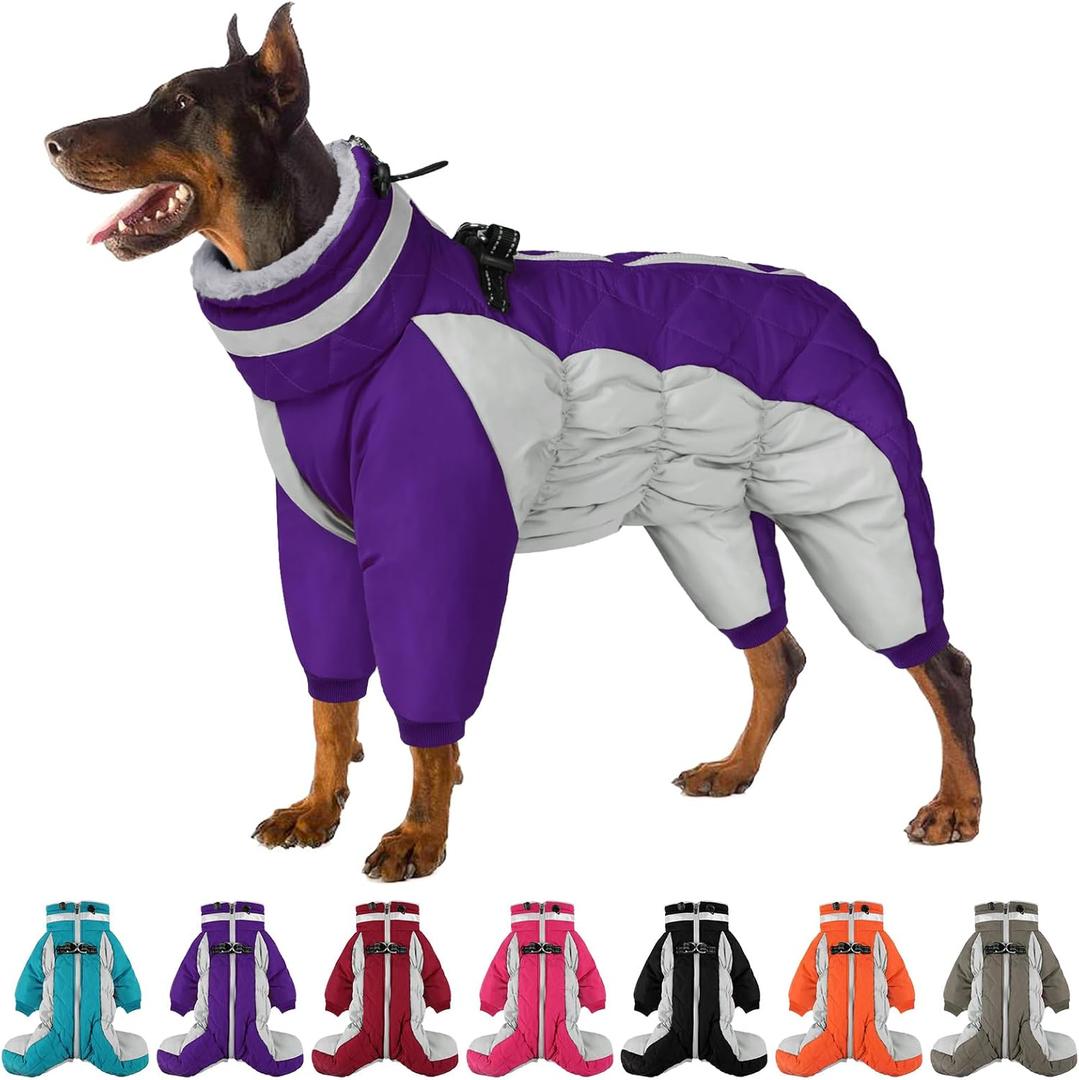 SUNFURA Full Body Dog Coat - Warm Fleece Jacket for Medium Dogs, Turtleneck Winter Coats with Harness, Reflective Dog Snowsuit Windproof Puffer Jackets with Legs for Boston Terrier, Purple M