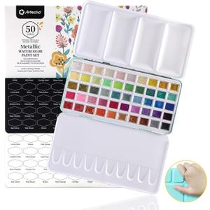 Artecho Metallic Watercolor Paints, 50 Glitter Watercolor Paint Set, Water Colors Paint Adult Set with Bottom Ring for Easy Holding, Ideal for Amateur Hobbyists, Painting Lovers and Artists