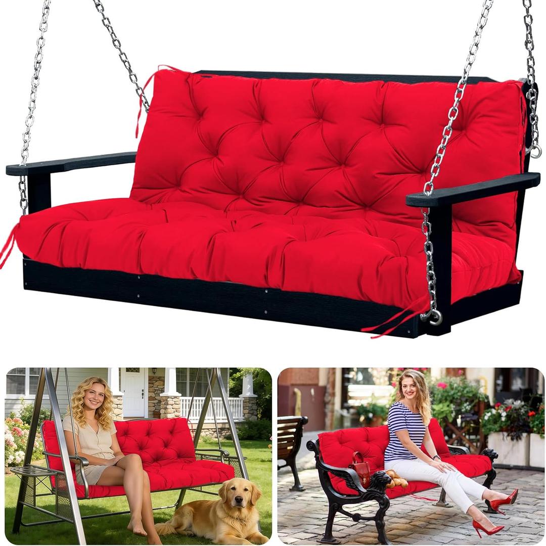 Porch Swing Cushions 3 Seater Replacement Thicken 5" Waterproof & Fade Resistant Swing Cushions for Outdoor Furniture Bench Patio Swing Cushion with Backrest & Ties(Rose Red 60x40x5inch)