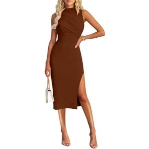 ihot Women's Mock Neck Ruched Bodycon Dress Sleeveless Side Slit Cocktail Party Midi Dresses (Large, Brown)