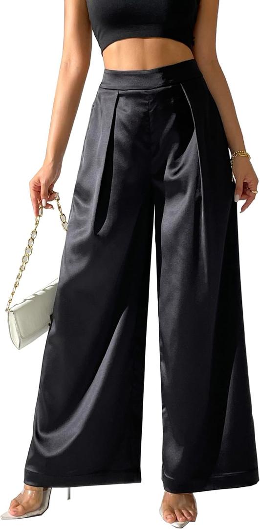 Women's Satin Wide Leg Palazzo Pants Plicated Silky Pull on Party Dress Casual Pant Trouser (Black, XS)
