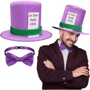 Glitopper 2 Pcs Halloween Costume Accessory Set Include Plush Hatter Top Hat and Purple Tie for Adult Halloween Cosplay Party, One Size