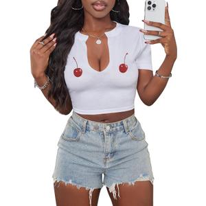 Hilinker Women's Sexy Graphic Crop Tops Short Sleeve V Neck T Shirts Summer Tees White Two Cherry Small (White, S)