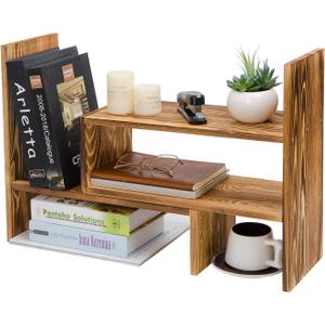 Adjustable Extendable Natural Wood Desktop Organizer Caddy Desk Organizer Countertop Shelf Bookcase Display Stand Rack Expandable Storage Office Home (Dark Brown)