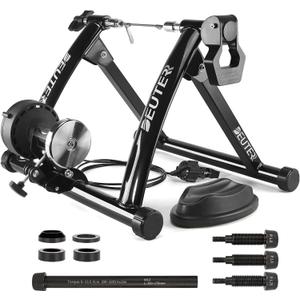 Bike Trainer, Magnetic Bicycle Stationary Stand for Indoor Exercise Riding, 26-29" & 700C Wheels, Quick Release Skewer & Front Wheel Riser Block Included (BK+ THRU AXLE)