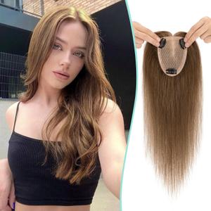 Benehair Hair Toppers for Women Real Human Hair 9 * 12CM Silk Base Hair Pieces No Bangs 150% Density Hair Topper for Thinning Hair 100% Remy Hair Pieces for Women Medium Brown 14 Inch