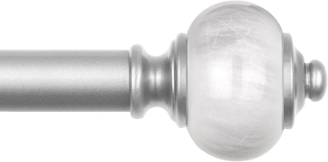 KAMANINA Silver Curtain Rods for Windows 66 to 120 Inch, 1 Inch Heavy Duty Curtain Rods 32 to 115 (2.6-9.6ft), Adjustable Long Drapery Rods with Marbled Finials