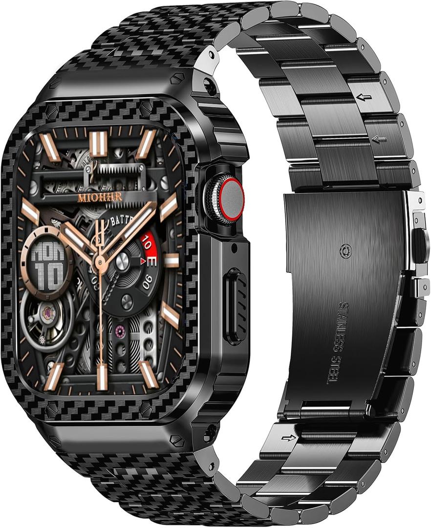 MioHHR Stainless Steel Band and Case Compatible with Apple Watch Band 45mm, Men Metal Protective Bumper Cover for iWatch Series 9/8/7, Black Pattern