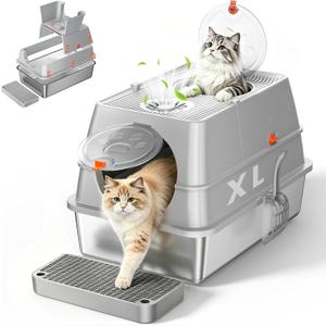 XL Stainless Steel Litter Box with Lid, Flip-Top Hood, Gray