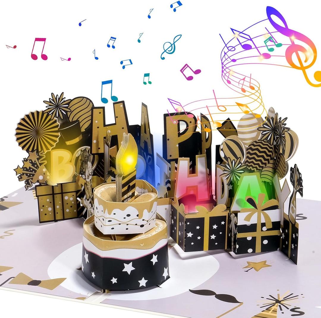 CANREVEL Birthday Cards 3D PopUp Blowable LED Light Candle Cake Music Happy Birthday Card Postcards Greeting Cards Gifts Ideas for Women, Men - Black Gold (06-black gold party-Flat)