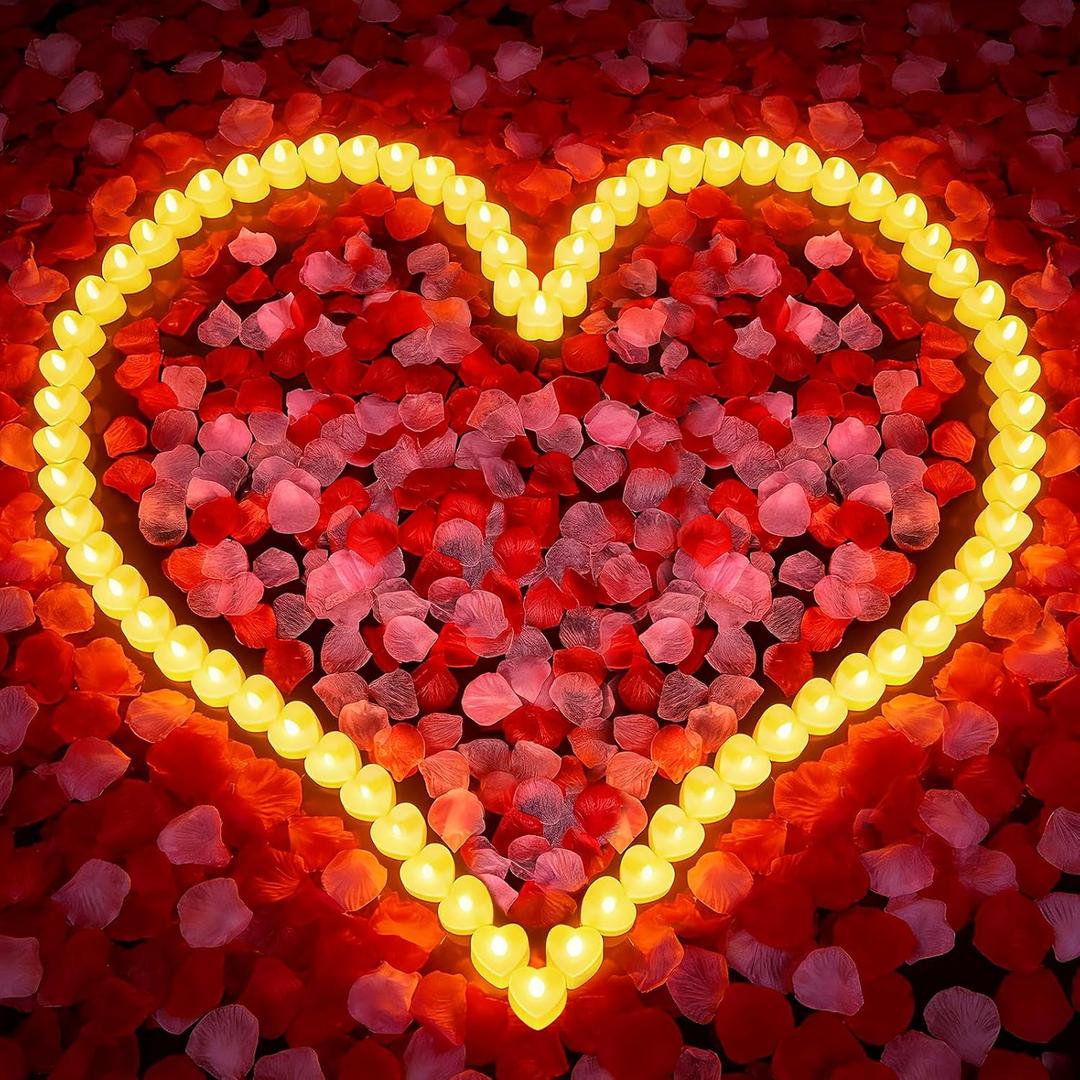 8000Pcs Rose Petals with 72Pcs Flameless LED Tea Lights Candles Valentine's Day Romantic Decorations Special Night Set for Night Wedding Anniversary or Table Décor, Warm Yellow