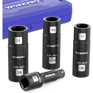 WORKPRO 4PCS Impact Socket Set 1/2" Drive, Lug Nut Socket Set, Wheel Socket Set Cr-Mo Steel, Includes 1PC 3" Extension Bar & 3PSC Flip Sockets of 6 Metric and SAE Sizes