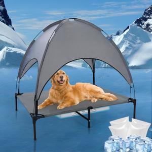 42'' Outdoor Elevated Dog Bed with Canopy, Raised Dogs Bed with Six Support Feet,Breathable Cooling Dog Cot Beds Medium Large Size Dogs,Outdoor Pet Hammock Beds,Outside Pet Beds with 4 Ice Pack(Large)