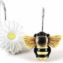 Daisy & Bee Shower Curtain Hooks: Cute Decorative Resin Flower Hooks with Rustproof Stainless Steel Rings - Spring Summer Garden Farmhouse Cottage Nature Inspired Bathroom Living Room Bedroom Décor