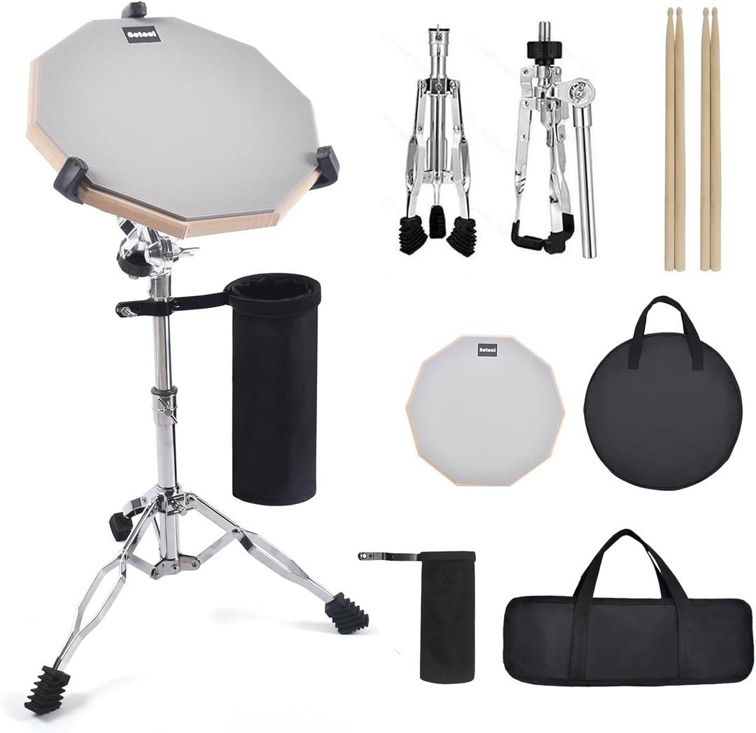 Seteol Drum Practice Pad Set, 12 Inch Double Sided Silent Drum Pad with Storage Bag + Adjustable Snare Drum Stand with Carry Bag + 2 Pair Drum Sticks with Drumstick Holder, Fits 10"14" Drums (Grey)