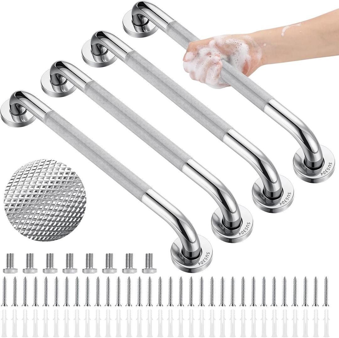 4 Pack 16 Inch Grab Bars for Bathtubs and Showers Anti Slip Shower Handle Stainless Steel Bathroom Grab Bar Holds Up to 500Lbs 1" Diameter Handicap Shower Grab Bars for Wall for Elderly and Disabled
