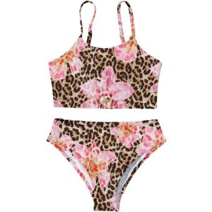 RoseSeek Girls 2 Piece Swimsuit Floral Cheetah Adjustable Straps High Cut Bikini Set Beach Swimwear, 12Y