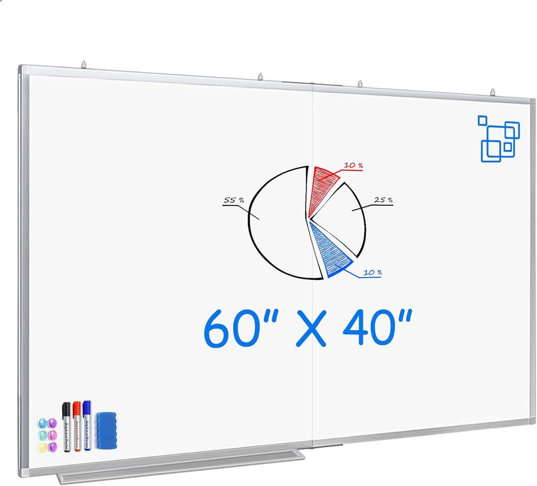White Board Dry Erase 60x40, Large Magnetic Whiteboard Maxtek Dry Erase Boards for Wall, Aluminum Presentation Wall-Mounted Marker Board with a Long Pen Tray for School, Classroom, Office & Home