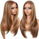 BrownBomb Wear and Go Glueless Wigs Pre Plucked Pre Cut for Beginners Honey Blonde Synthetic Lace Front Wigs For Woman Long layered straight Wigs with bangs 427 middle part wig 26 Inch