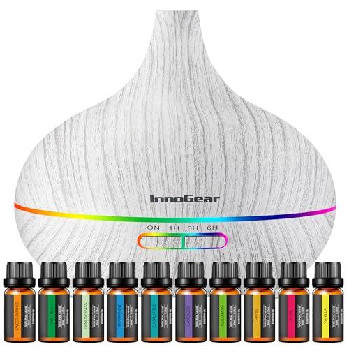 InnoGear Aromatherapy Diffuser & 10 Essential Oils Set, 400ml Diffuser Ultrasonic Diffuser Cool Mist Humidifier with 4 Timers 7 Colors Light Waterless Auto Off for Mother's Gift, White Grey
