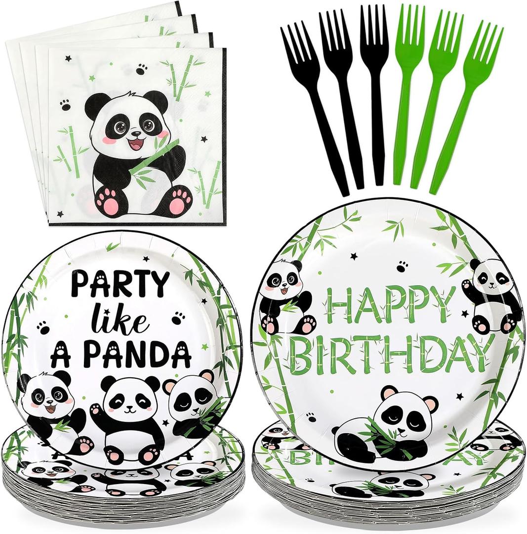 96 Pcs Panda Birthday Decorations Party Like a Panda Paper Plates and Napkins Green Bamboo Animal Themed Tableware Sets for Kids Birthday Baby Shower Newborn Party Supplies Serves 24
