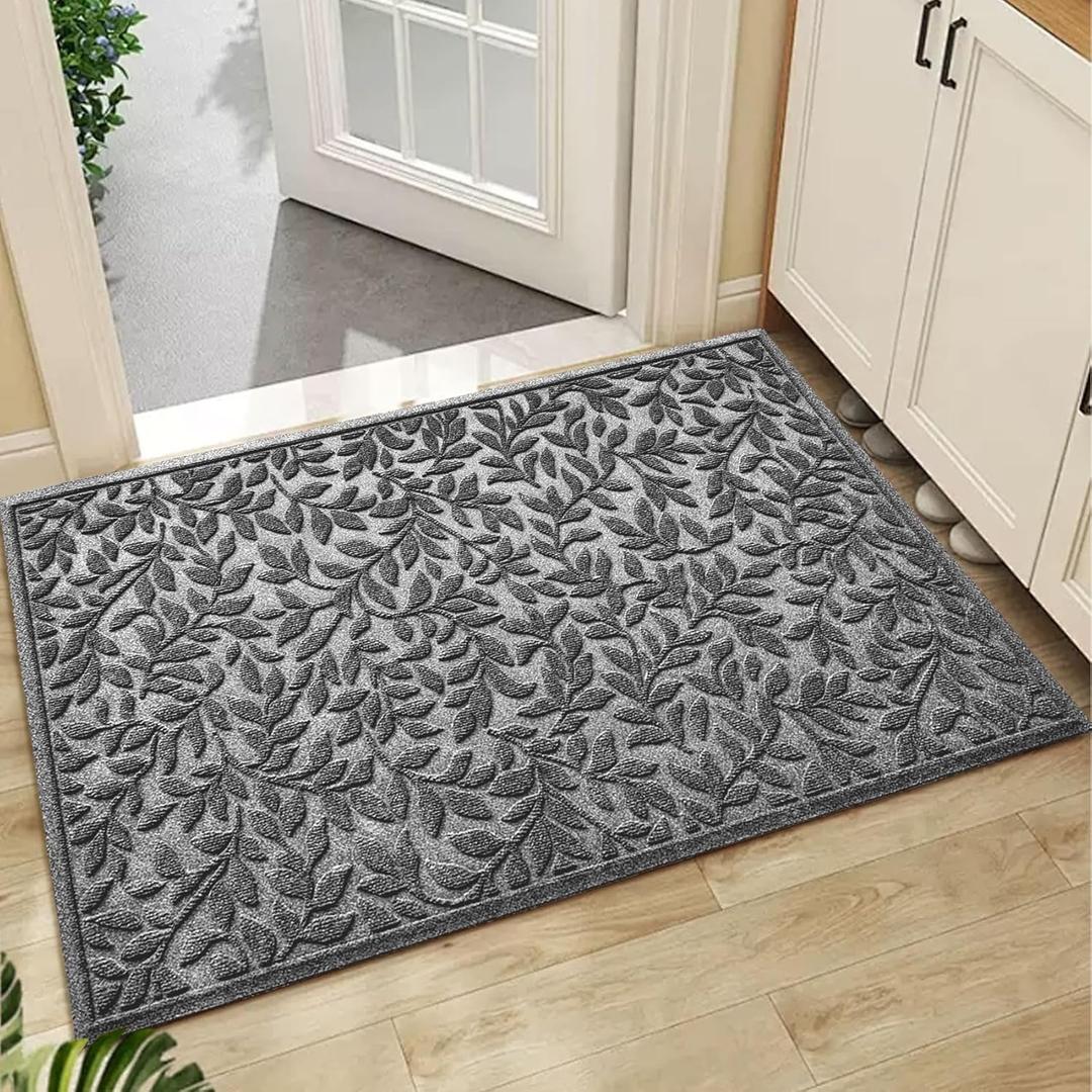 Bulijojo Sturdy Front Entrance Doormats,Durable Heavy Duty Welcome Mat,Thick Absorbent Natural Rubber Non Slip Mat,Easy Clean Entryway Mat Leaves Grey, 47" x 32"