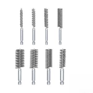 Stainless Steel Bore Brush, Metal Bristles Twisted, 8pcs Wire Brush for Drill 8 Size Set Multiple Diameter Options 1/4 Inch Hex Shank