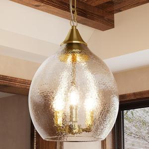 TOCHIC Glass Pendant Light Fixtures, 3 Lights Modern Farmhouse Kitchen Pendant Lighting Over Island, 13.3" D Large Hammered Glass Gold Chandelier for Bedroom, Living Room, Dining Room, Foyer, Hallway
