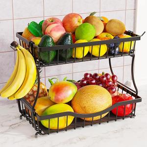 Zurklulu Large 2 Tier Fruit Basket for Kitchen Counter with 2 Banana Hangers, Metal Fruit Bowl with Protection Mats for Vegetable Bread Snack, Black