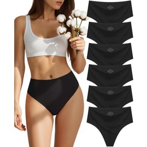 sosusu Seamless Underwear for Women Cotton Thongs High Waisted Soft Breathable No Show Panties Invisible Stretch 6 Pack (L)