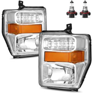 Halogen Headlights Assembly for 2008 2009 2010 Ford F250 F350 F450 F550 Super Duty Headlamp Replacement, High/Low Beam W/Bulbs, Driver&Passenger Side