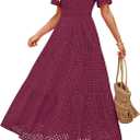 ZESICA Summer Dresses for Women 2026 Casual V Neck Short Sleeve Eyelet A Line Beach Vacation Long Maxi Dresses (L)