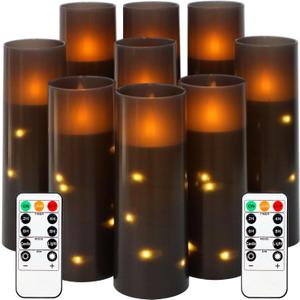 9 Pcs Flickering Flameless LED Candles, Upgraded Matte Acrylic Pillar, Battery Operated with Remote and Timer, Embedded Star String, Realistic Electric Candle for Home Wedding Decor, Grey (Gray)
