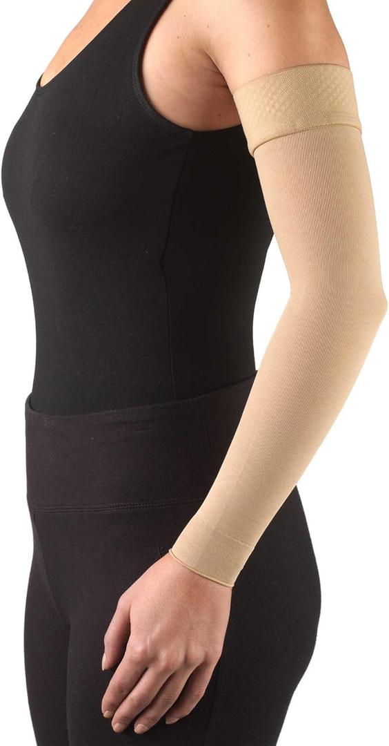 Truform Lymphedema Compression Arm Sleeve, 20-30 mmHg Post Mastectomy Support, Dot Top Grip Band, Beige, Large (Large (1 Pair))
