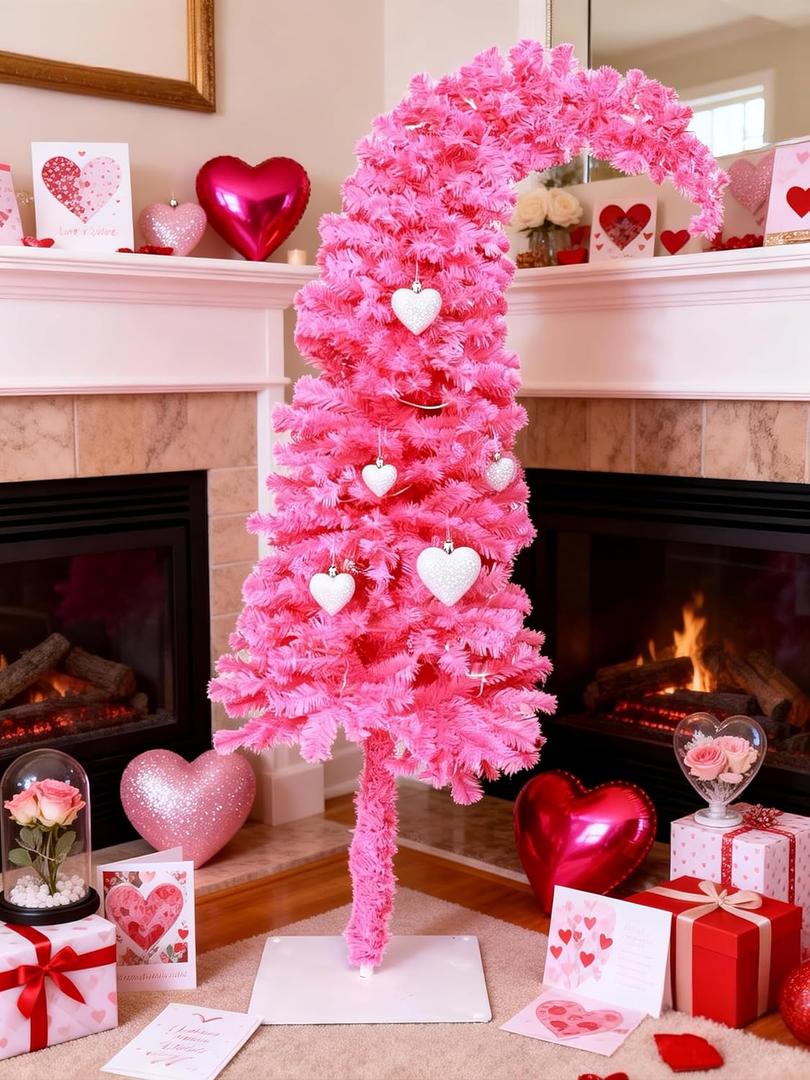 5ft Prelit Pink Valentines Day Spring Christmas Tree Decorations with 150 Dual-Color LED Lights,Light Up Xmas Lighted Pencil Tree for Indoor Decor with 525 Tips, Metal Stand, Plug-in Powered