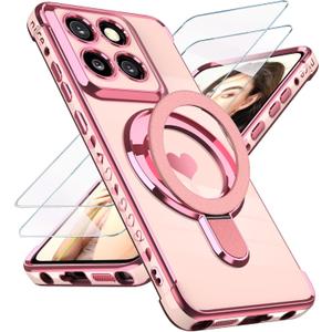 for Motorola Moto G Stylus 5G 2025 Love Heart Kickstand Case with 2X Screen Protector: Luxury Plated Gold Edge Slim Soft TPU Shockproof Protection Case for Moto G Stylus 5G 2025 (Pink)