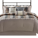 Madison Park Ridge Comforter Set - Cabin Lodge Plaid Herringbone Design, All Season Down Alternative Cozy Bedding with Matching Bedskirt, Shams, Decorative Pillow, Neutral Queen(90"x90") 7 Piece