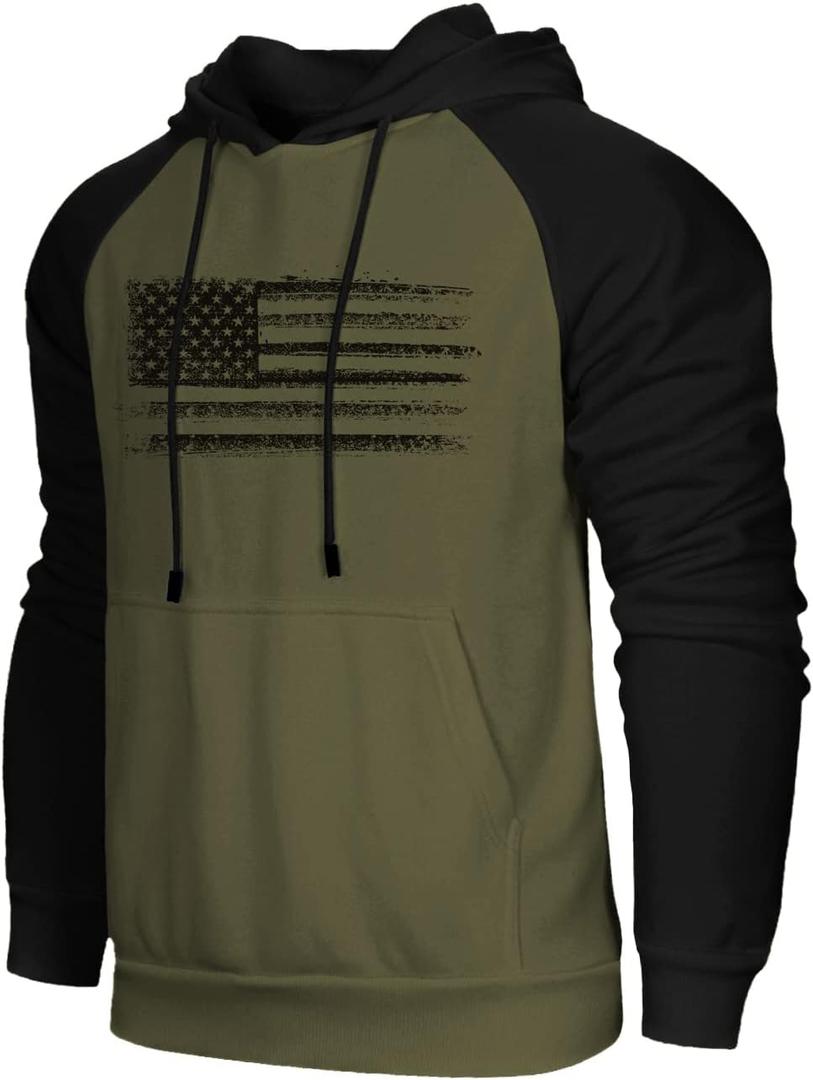 H HYFOL Men's Sweatshirt USA FLAG Patriotic Graphic Polyester Hoodies for Men Pocket Raglan Long Sleeve Sweatshirts (3X-Large, Olive Green)