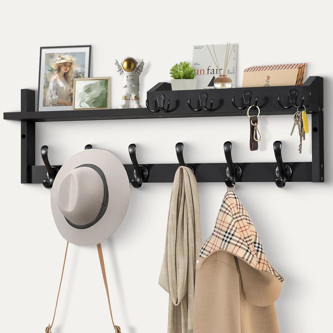 Coat Rack Wall Mount with Shelf, 27.5" Entryway Wall Hanging Shelf, Coat and Key Hanger with 10 Dual Hooks, Mail Organizer and Key Holder Hat Rack for Wall, Wood Coat Hooks with Storage (Black)