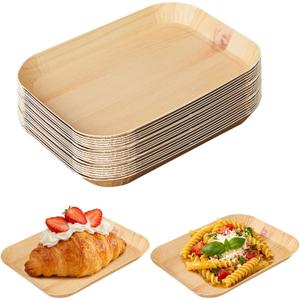 50 Pcs Wood Grain Paper Plates, 6.5 Inch Rectangle Plates, Disposable Rustic Party Plate for Woodland Baby Shower, Camp Fire, Camping, Lumberjack Birthday Party Supplies (S)