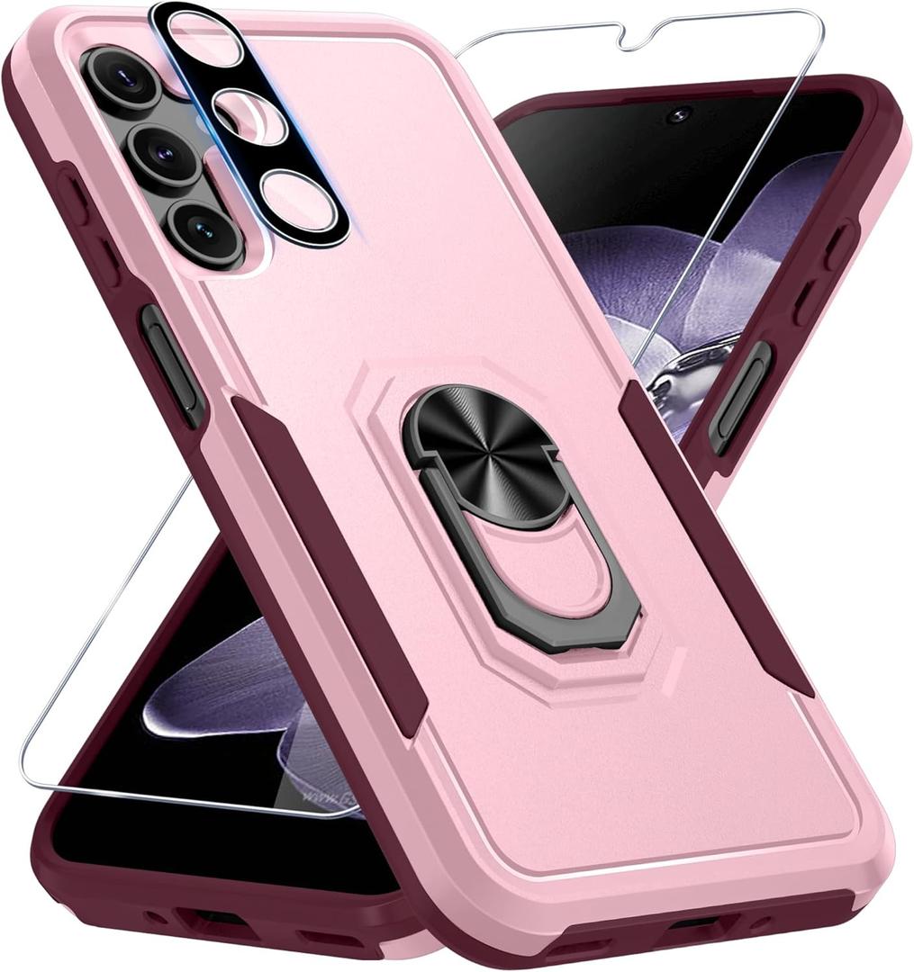 Janmitta Compatible with Samsung Galaxy A16 5G Case with Screen Protector+Camera Lens Protector,Heavy Duty Full Body Phone Cover Built in Ring Holder Kickstand,2025 Cute Pink